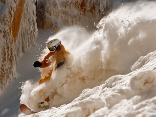 A snowboarder is riding a snowboard down a steep slope. The snowboarder is wearing a yellow jacket and orange pants. The snowboarder is in the middle of a big snowstorm