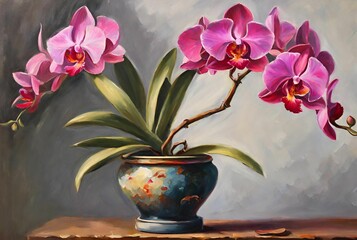 Pink blooming orchid flowers growing in ceramic pot still life oil painting - obrazy, fototapety, plakaty