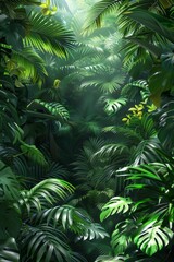 A jungle scene with lots of green plants and trees, AI