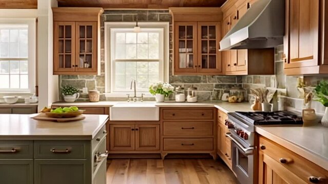 Cottage kitchen decor, interior design and country house, wooden in frame kitchen cabinetry, sink, stove and stone countertop, English countryside style idea