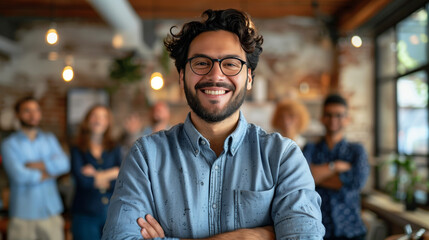 Fototapeta premium Entrepreneur stands proudly amid thriving business, surrounded by satisfied customers, employees, celebrating success of building enterprise from ground up.