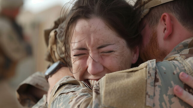 An emotional reunion captured as a soldier returns home from deployment, embracing their loved ones with tears of joy and overwhelming elation, finally reunited after months of separation.