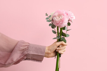 Female hand with beautiful bouquet of ranunculus flowers and eucalyptus on pink background
