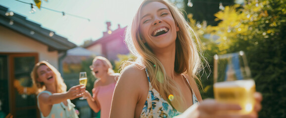 Lifestyle portrait of happy blonde woman laughing with friends and drinking glass of white wine at summer garden party