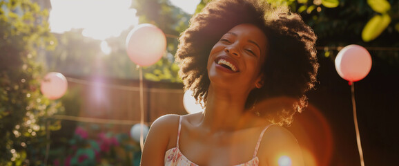 Lifestyle portrait of happy black woman laughing with friends at summer garden party, with balloons for celebration decor