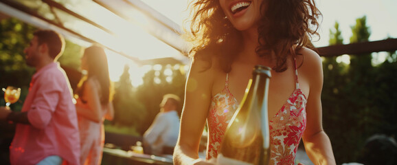 Lifestyle portrait of happy attractive woman celebrating with friends and pouring wine at summer backyard party at sunset