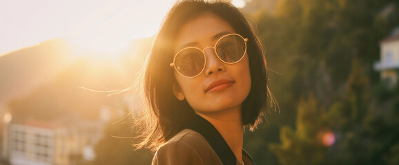 Lifestyle portrait of young Asian woman traveling on vacation, scenic hillside view at sunset with sun flare