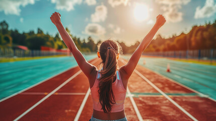 A triumphant athlete crossing the finish line with arms raised in victory, celebrating the culmination of years of hard work, dedication, and perseverance.
