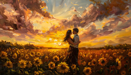 Radiant oil painting capturing a couples embrace in a field of blooming sunflowers at sunsetar74v60 Generative AI