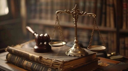Envision a scene where the balance of law is established with the prominent display of golden scales, a gavel, and law books