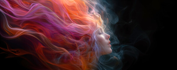 Ethereal portrait with colorful smoke and female face. Abstract concept of a woman with flowing hair-like fumes