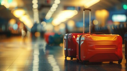 Envision a scene where the transient chaos of an airport terminal is depicted through blurred luggage travel bags in motion