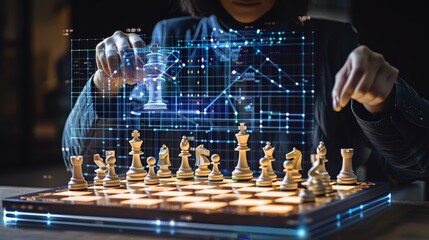 Future Vision Business Strategist Engaging with Advanced AI Holographic Chessboard