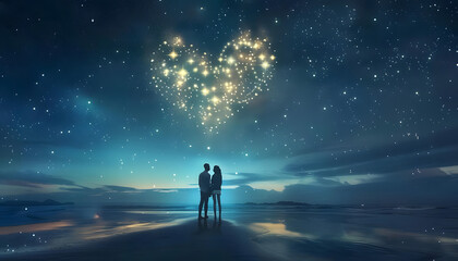 Glowing constellations forming a heart shape above a couple on a secluded beach at nightar74v60 Generative AI
