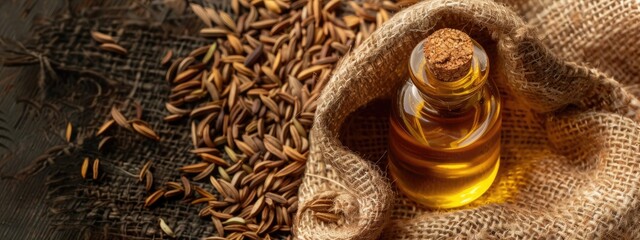 cumin essential oil on the background of burlap top view