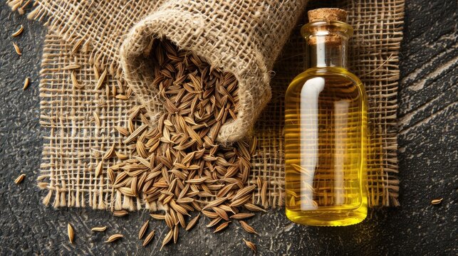 cumin essential oil on the background of burlap top view