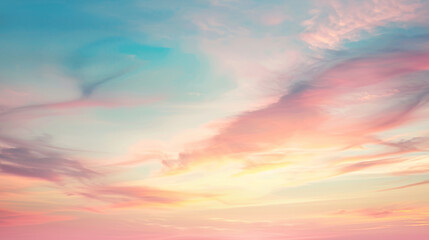 Tranquil image capturing the gentle hues of a pastel sunset, with soft shades of pink, blue, and orange blending seamlessly across a peaceful sky canvas