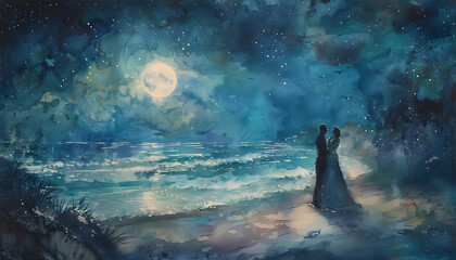 Ethereal watercolor scene of a couple dancing in the moonlight on a secluded beachar74v60 Generative AI