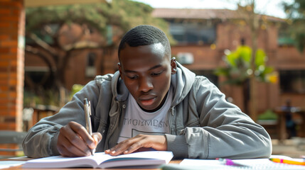 A student diligently revising for exams, displaying persistence in their pursuit of academic excellence despite challenges and obstacles. - obrazy, fototapety, plakaty