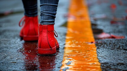 A person wearing red shoes walking on a yellow line in the rain, AI - Powered by Adobe