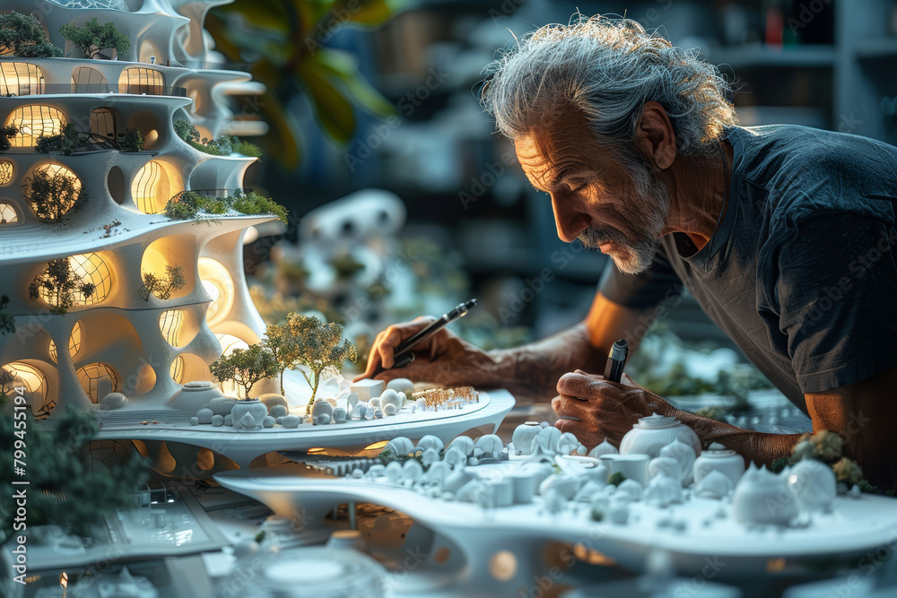 Poster an architect designing innovative structures that harmonize with the environment, blending form and 