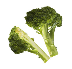 Fresh raw Brocolli cabbage falling in the air isolated on white backround. Healthy food levitation....