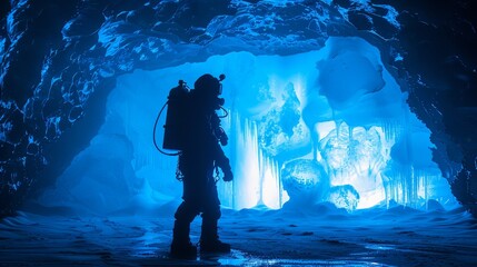 Arctic Adventure Silhouetted Divers Amidst LEDLit Ice Cavern Exploration and Mystery in the Depths