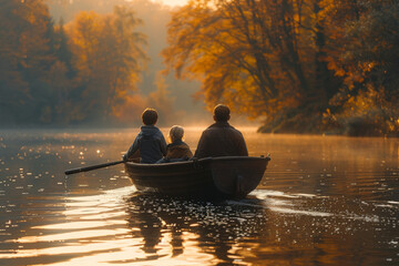 A family enjoying a leisurely boat ride on a serene lake, soaking in the peaceful atmosphere and serenity of the water. Concept of relaxation and tranquility during vacation. Generative Ai.