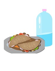sandwich with cheese and tomato : A plate of food with two tacos and a bottle of water