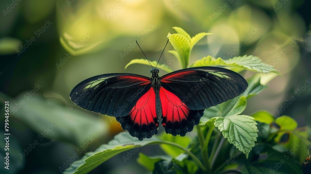 Poster Red black butterfly perched leaf