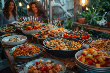Obraz premium A group of friends gathering for a potluck dinner, sharing homemade dishes and stories from their week. Concept of communal dining and friendship. Generative Ai.