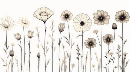 A black and white drawing of a field of flowers