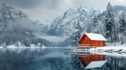 Red House on Lake Amid Snow Covered Mountains