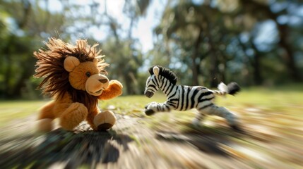 Obraz premium A zebra and lion toy fighting on a blurry background, AI