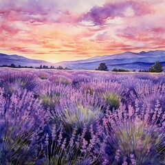 A painting of a field of lavender with a sunset in the background