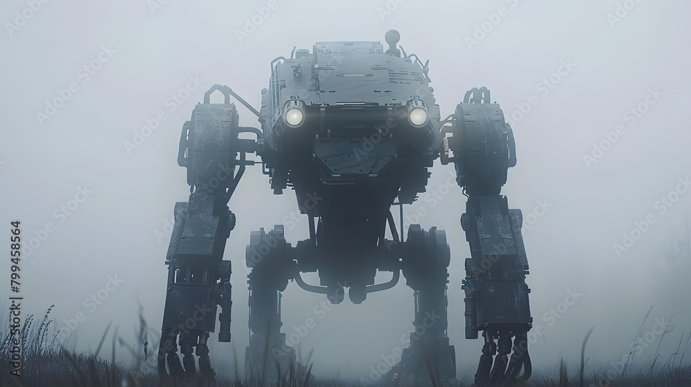 Wall mural a large robot standing in the middle of a foggy field