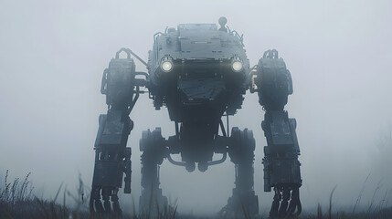 A large robot standing in the middle of a foggy field