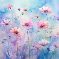 A painting of a field of flowers with a blue sky in the background