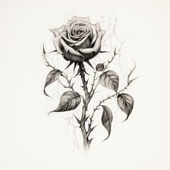 A black and white drawing of a rose with thorns