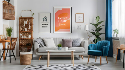 Sunny and bright space of living room with stylish sofa, pillows, coffee table, mock up poster frames, decorations, furnitures and personal accessories. Cozy home decor. Template. Summer vibe. 