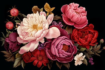 A black and white floral painting with a red and pink flower in the center