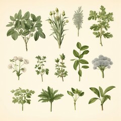 A collection of various plants and herbs are shown in a vintage style