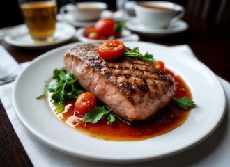 a delicious salmon steak with rosemary and tomatoes and a cozy atmosphere - obrazy, fototapety, plakaty