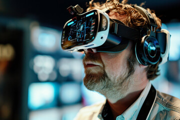 Caucasian man in VR headset immersed in virtual space in a room with monitors