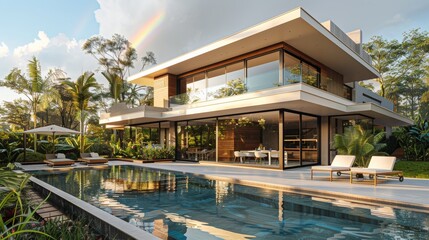 Fototapeta na wymiar Modern House With Pool and Rainbow in Background