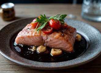a delicious salmon steak with rosemary and tomatoes and a cozy atmosphere - obrazy, fototapety, plakaty