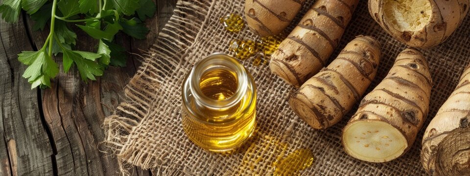 sugar beet essential oil on the background of burlap top view