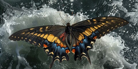 large, colorful butterfly gracefully flutters above the calm surface of a beautiful body of water.
