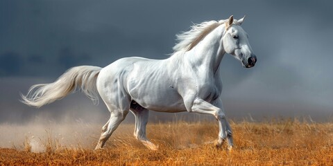 stunning white horse with flowing mane and tail, running gracefully through a vast field of dry golden grass under the bright sun.
