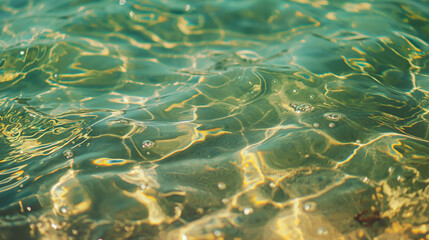 Fototapeta na wymiar Close-up image capturing the shimmering surface of water with ripples reflecting sunlight, conveying a sense of tranquility and the natural beauty of light on water